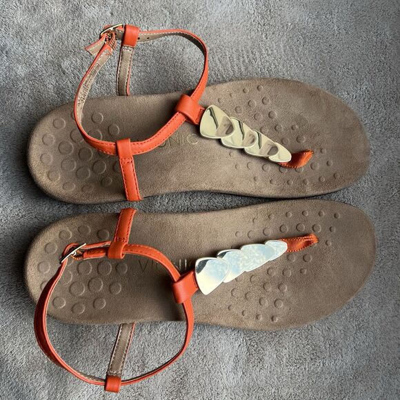 Vionic Rest Miami Orange Leather T-Strap Sandals Women 8 Gold Accents Strappy - Picture 7 of 14